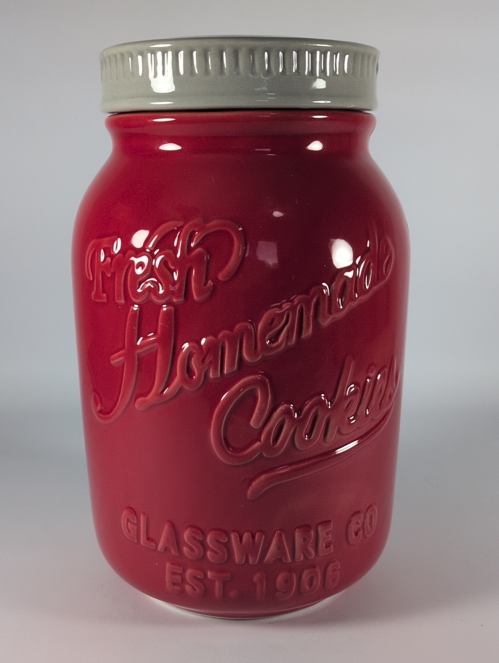 Ceramic Cookie Jar In Red with Gray Lid